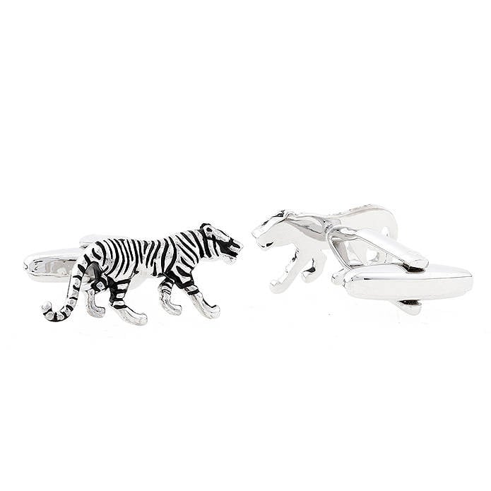 3-D Silver Tone Tiger Cufflinks Animal Cuff Links With Black Enamel Bullet  Cat Species Predators Back Comes in Gift Box Image 2