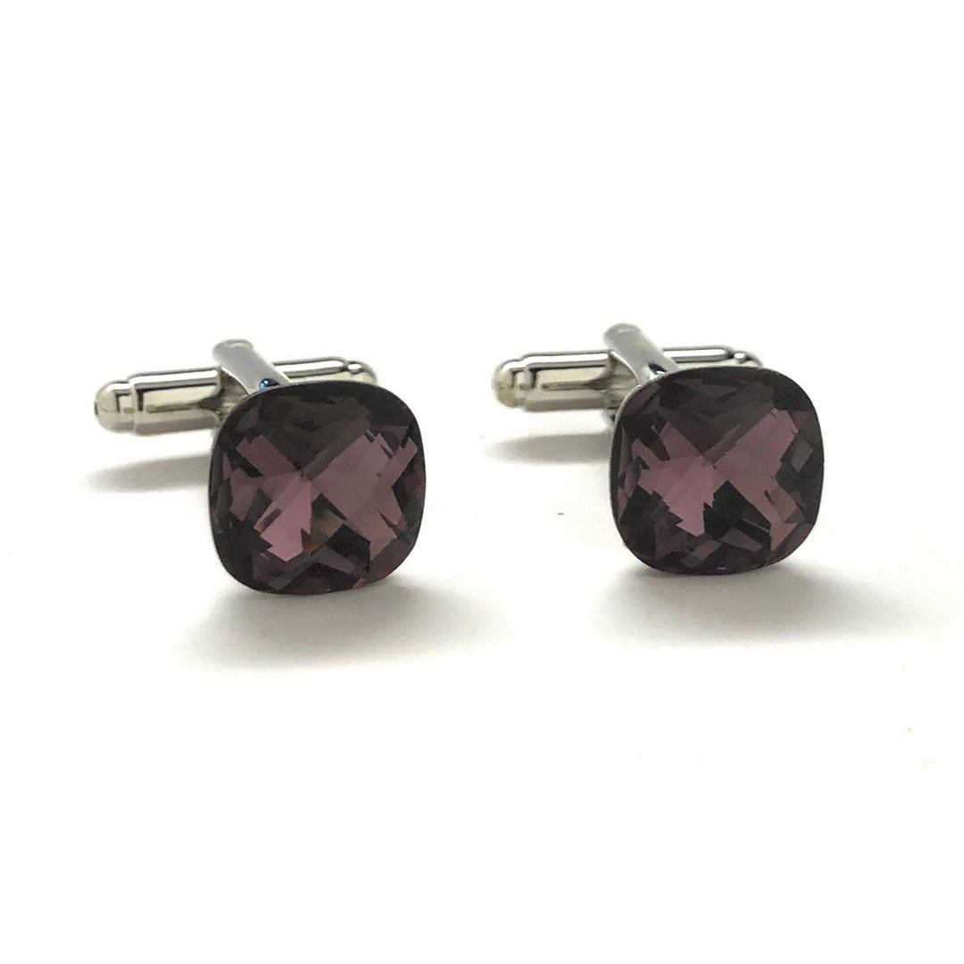 Big Purple Diamond Cut Crystal Cufflinks Silver Tone Post with Bullet Backing Cuff Links Comes with Gift Box Image 1