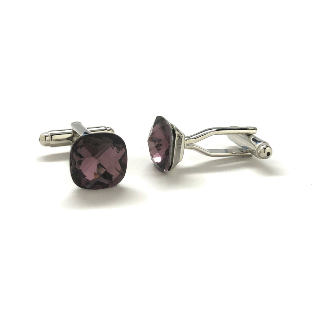 Big Purple Diamond Cut Crystal Cufflinks Silver Tone Post with Bullet Backing Cuff Links Comes with Gift Box Image 2