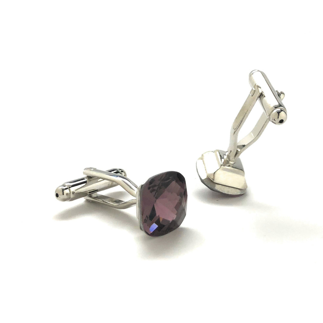 Big Purple Diamond Cut Crystal Cufflinks Silver Tone Post with Bullet Backing Cuff Links Comes with Gift Box Image 3