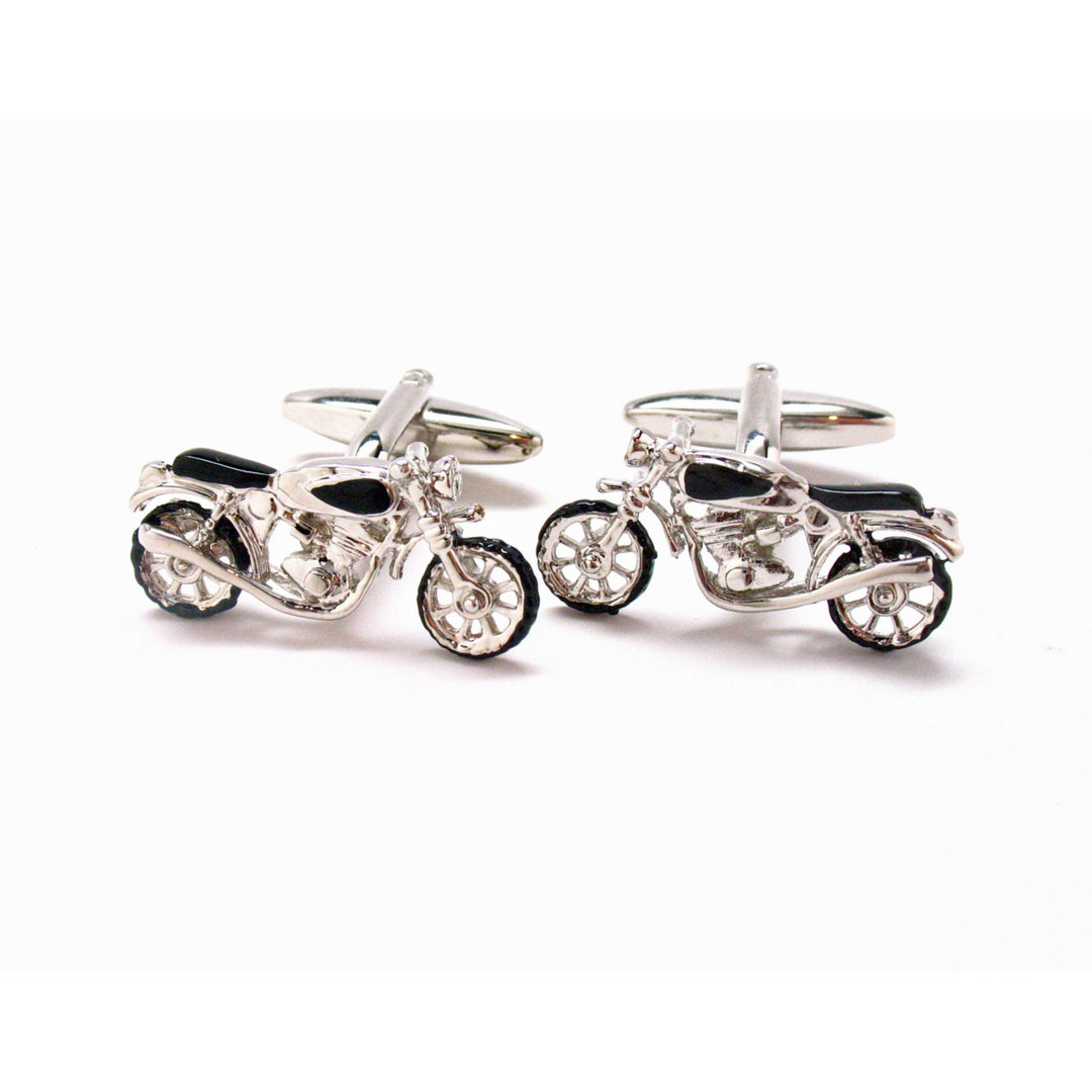 Motorcycle Cufflinks Silver Tone and Black Enamel Vintage Motorcycle Bike Cuff Links Old School Comes with Gift Box Image 2