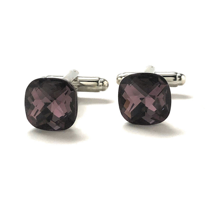 Big Purple Diamond Cut Crystal Cufflinks Silver Tone Post with Bullet Backing Cuff Links Comes with Gift Box Image 4