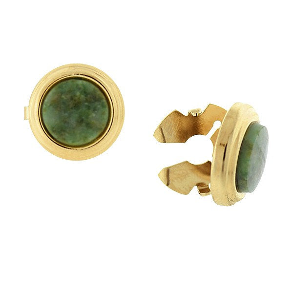 Faux Cufflinks Gold Tone Framed Jade Green Stone Round  Button Covers Image 1