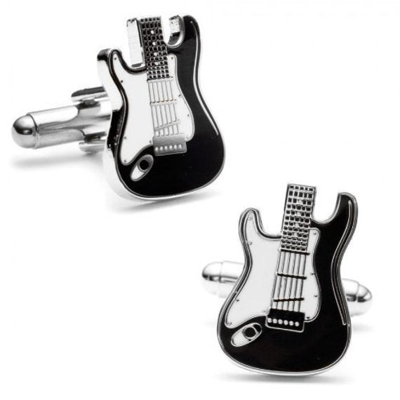 Electric Guitar Cufflinks Black and White Enamel Guitar Jewelry Music Rock and Roll Band Comes with Gift Box Image 1