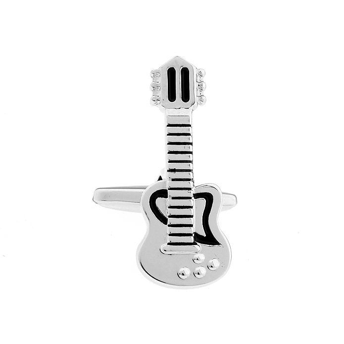 Silver Electric Guitar Cufflinks Black Enamel Full Guitar with Body and Neck Rock and Roll Cuff Links Comes with Gift Image 1