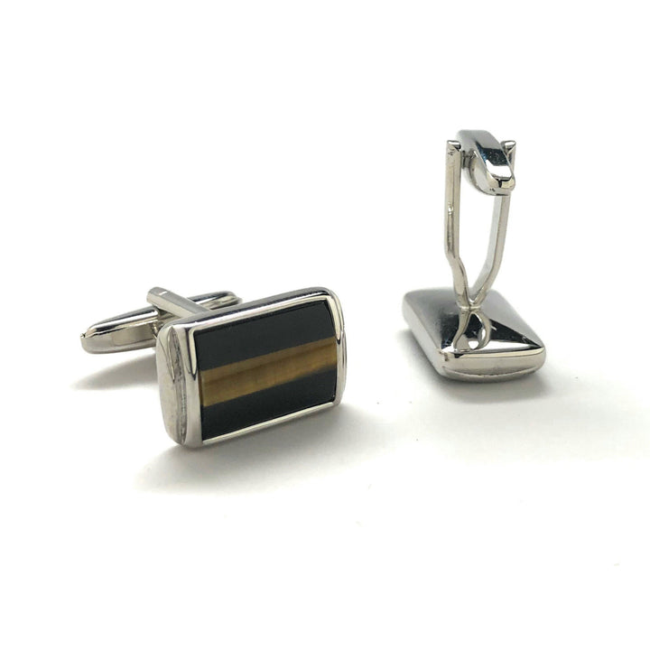 Mens Cufflinks Black Agate Tiger Eye Stripe Designer Cut Silver Cuff Links Comes with Gift Box Image 4
