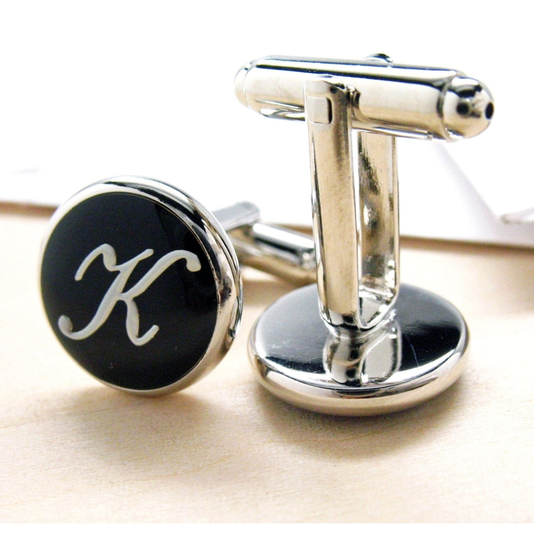 K Cufflinks Initials Silver Toned Round Black Enamel Script Letters Vintage Cuff Links Groom Father Bride Wedding Image 1