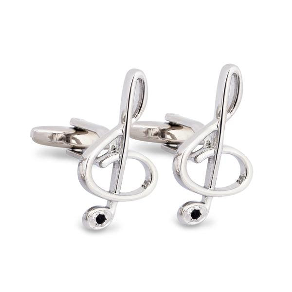 Silver Treble Clef Enamel Music Note with Black Crystal Cufflinks Cuff Links Image 1