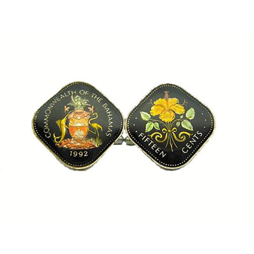 Enamel Cufflinks Bahamas Cufflinks Crest Hand Painted Coins Ocean Flowers Cuff Links Black  Enamelled Coin Cufflinks Image 1