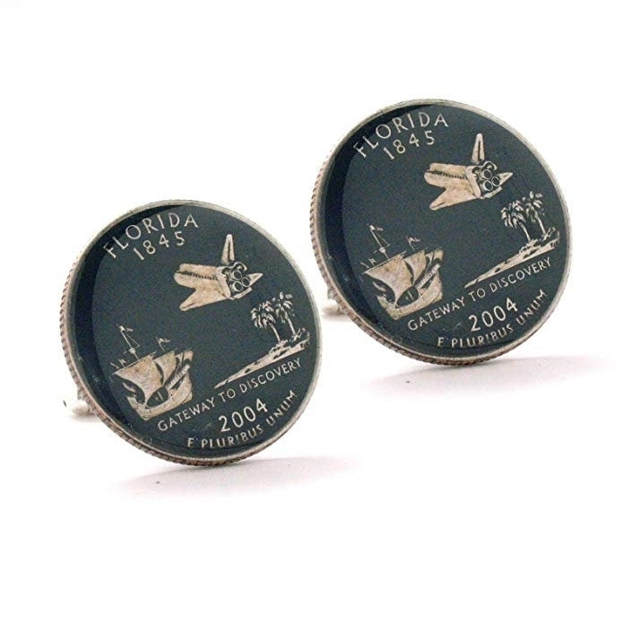 Enamel Cufflinks Hand Painted Florida Quarter Suit Flag State Enamel Coin Jewelry USA US United States Discovery Coin Image 1