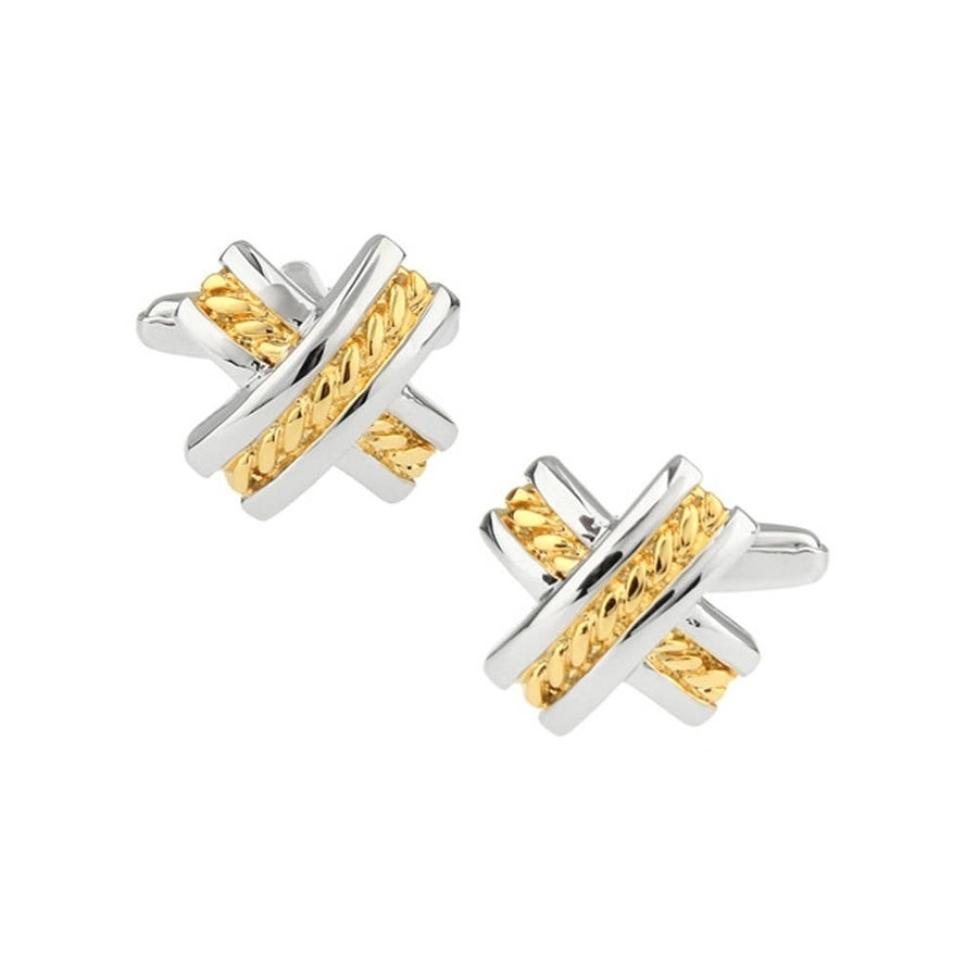Silver Tone Gold Cross Cufflinks Gold Weave 3D Detailed Professional Cool Savvy Wardrobe Cuff Links Comes with Gift Box Image 1