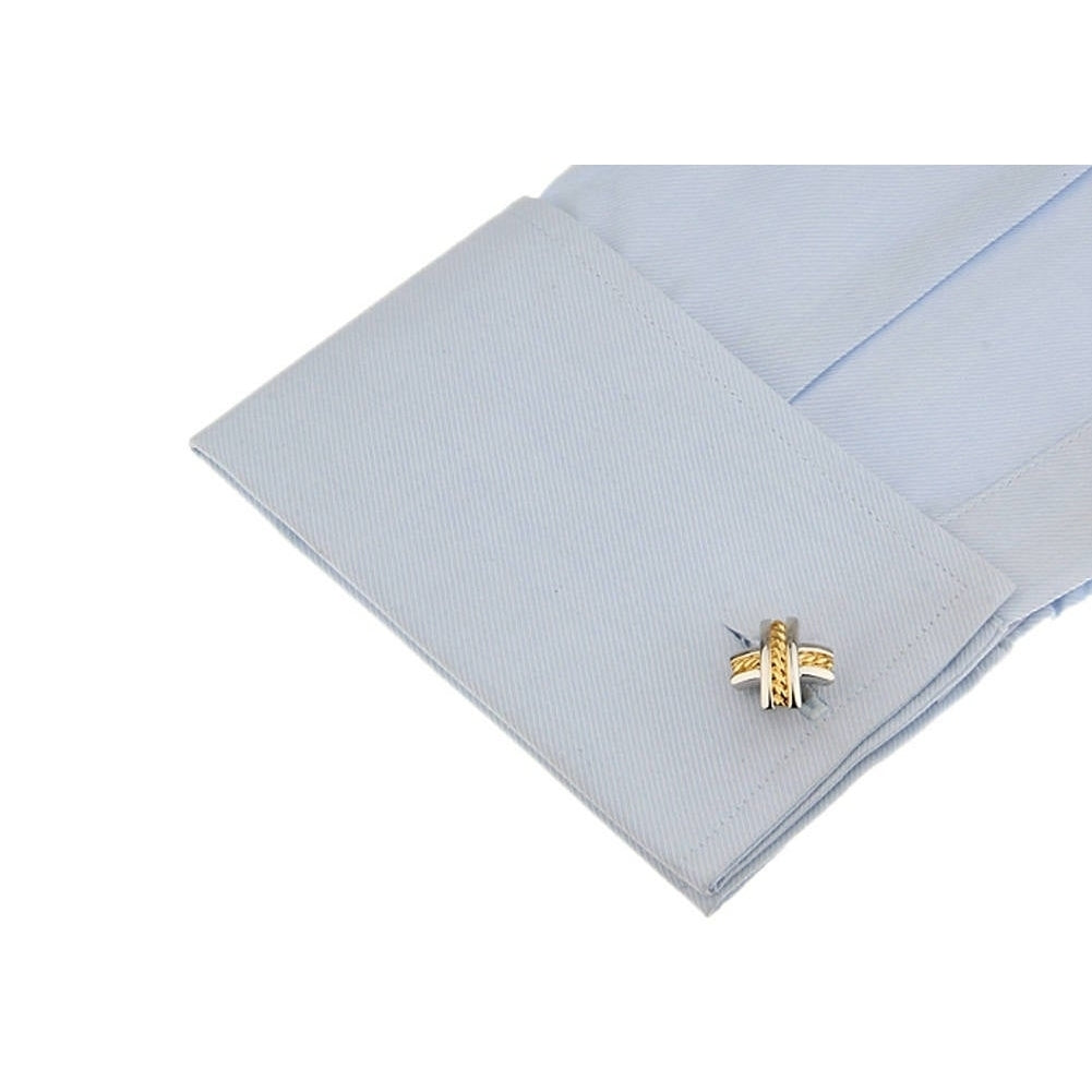 Silver Tone Gold Cross Cufflinks Gold Weave 3D Detailed Professional Cool Savvy Wardrobe Cuff Links Comes with Gift Box Image 4