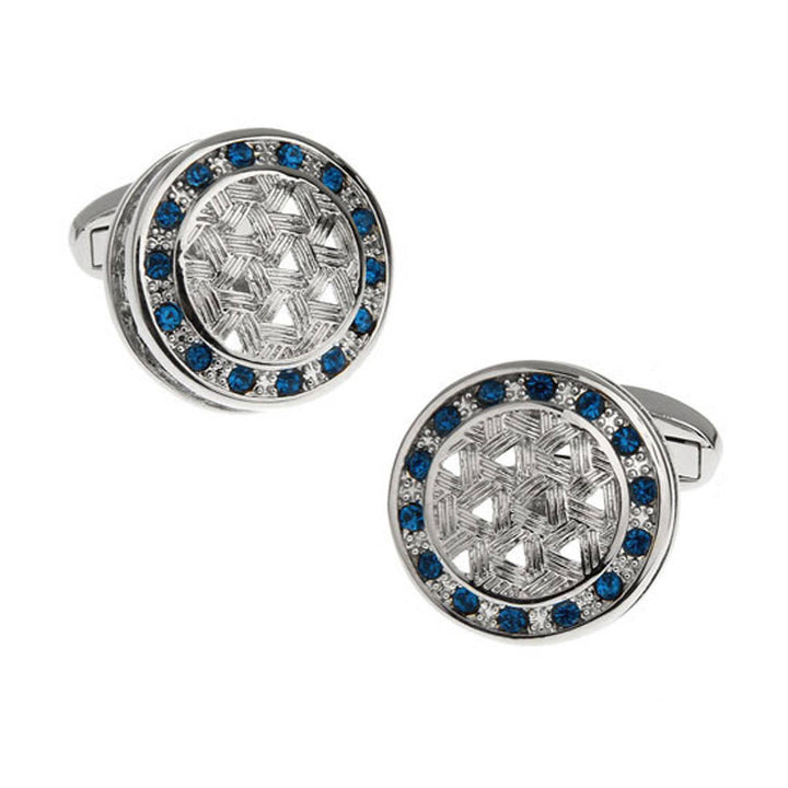 Power Weave Cufflinks Silver Tone Dome Blue Crystals Sets Triangle Cool Design Cuff Links Comes with Gift Box Image 1