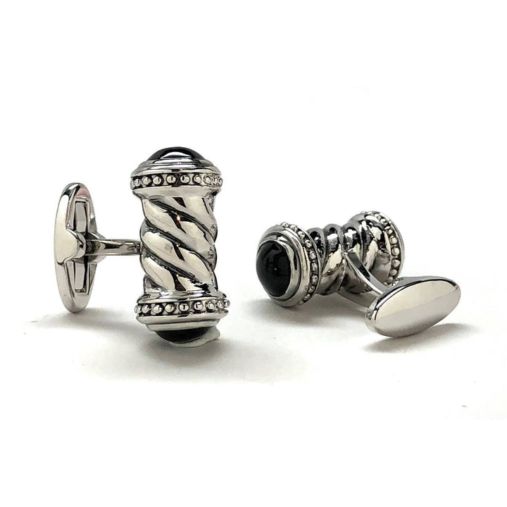 Silver Roman Arabesque Black Accent Agate Cufflinks Solid Pillar Post Cuff Links Great Detailed Very Cool Comes with Image 3