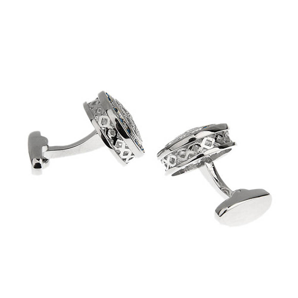 Power Weave Cufflinks Silver Tone Dome Blue Crystals Sets Triangle Cool Design Cuff Links Comes with Gift Box Image 2