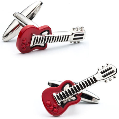 Electric Guitar Cufflinks Red Enamel with Silver Tones Rock and Roll Cuff Links Comes with Gift Box Image 1