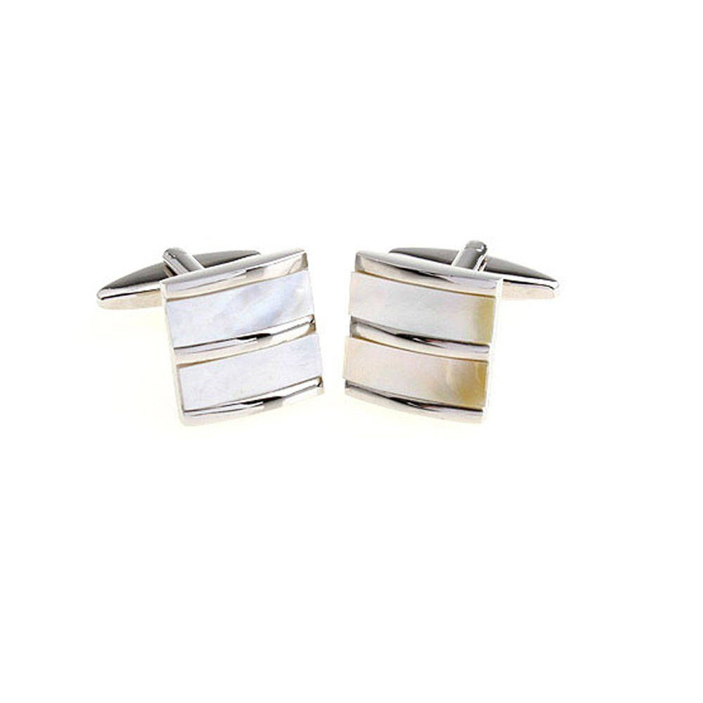 Silver Stacking Stripe Cufflinks Mother of Pearl Cufflinks Square Formal Two Bands Cool Classy Fun Business Wear Cuff Image 2