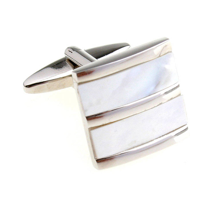 Silver Stacking Stripe Cufflinks Mother of Pearl Cufflinks Square Formal Two Bands Cool Classy Fun Business Wear Cuff Image 4