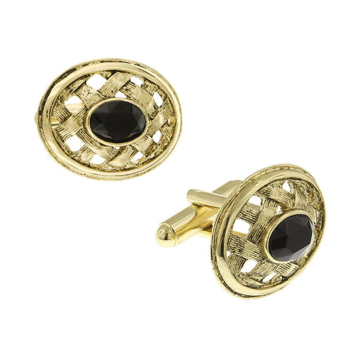 Gold Weave Cufflinks Embossed Gold Tone Black Crystal Wedding Cuff Links Open Oval Weave Gifts for Dad Husband Gifts for Image 1