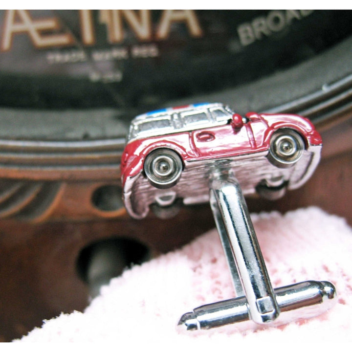 British Mini Car Cufflinks Maroon Enamel Fun Detail Mini Car Van Fun Jewelry Car Cuff Links Image 2