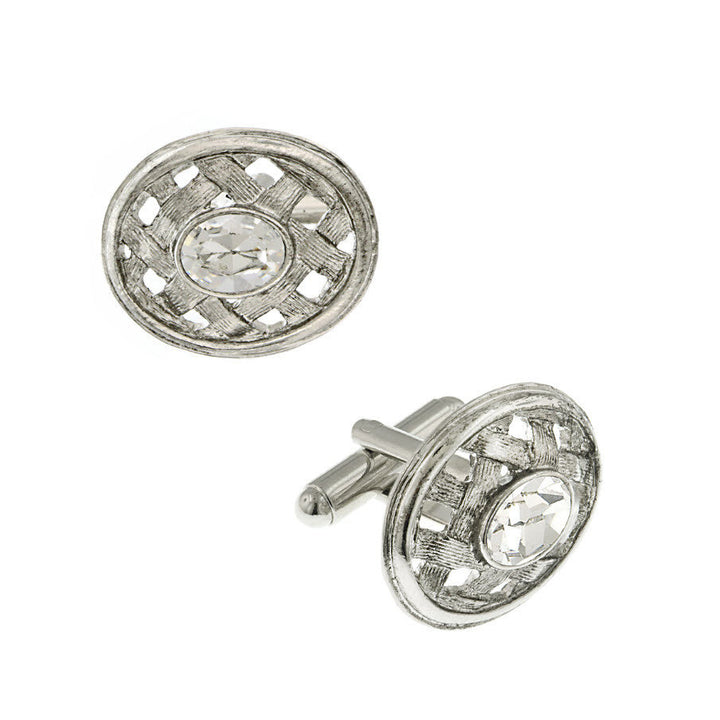 Embossed Weave Cufflinks Silver Tone Oval White Crystal Cuff Links Image 1