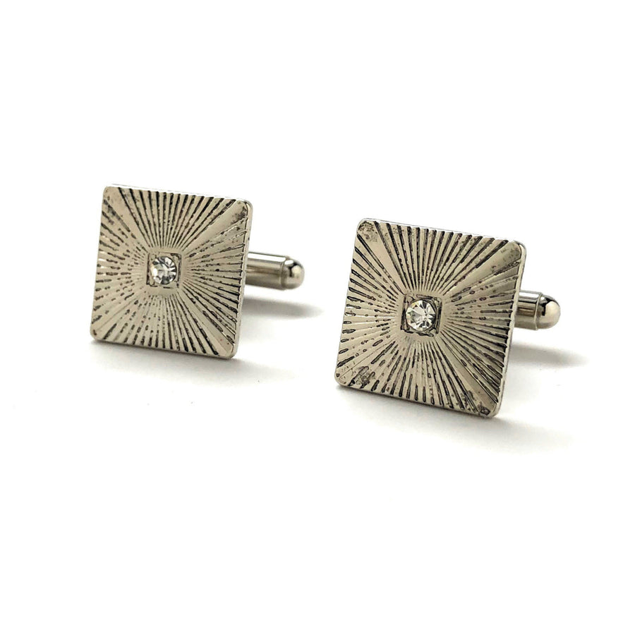 Pleated Square Cufflinks Silver Tone Center Crystal Cuff Links Image 1