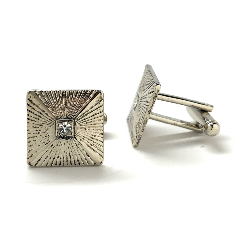 Pleated Square Cufflinks Silver Tone Center Crystal Cuff Links Image 2