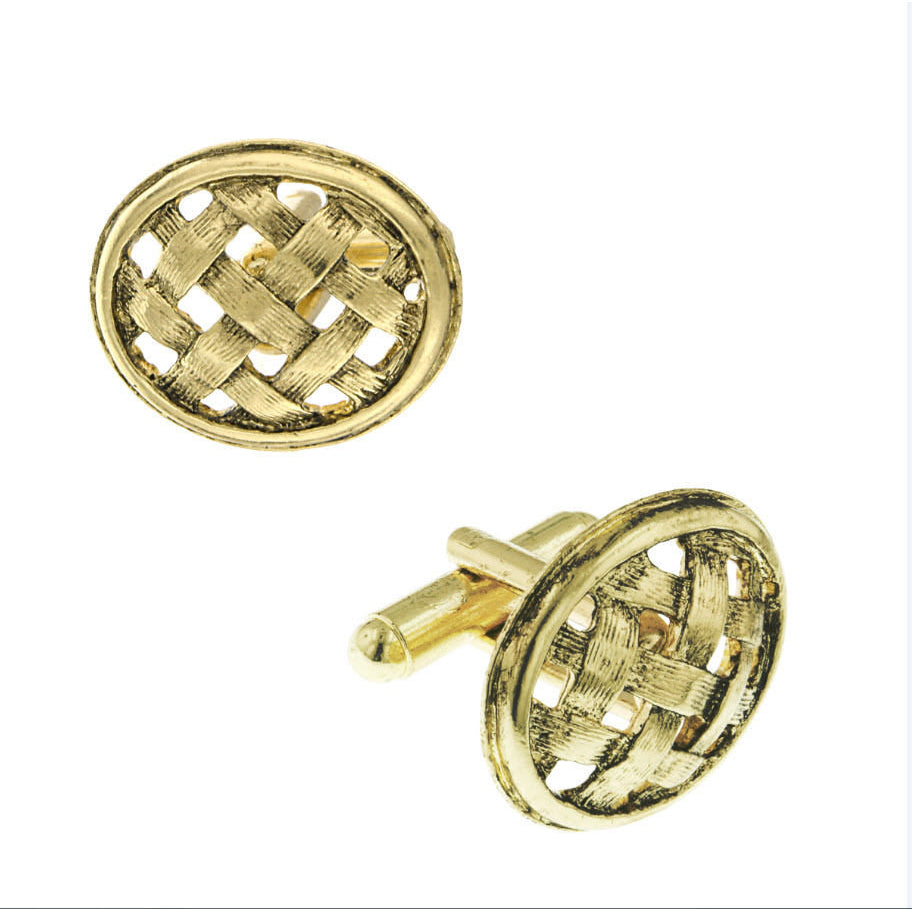 Lattice Weave Cufflinks Embossed Gold Tone Antique Oval Classic Wedding Cuff Links Open Oval Woven Gifts for Dad Husband Image 1