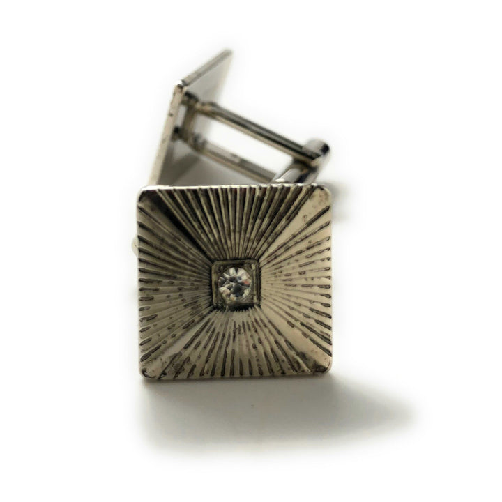 Pleated Square Cufflinks Silver Tone Center Crystal Cuff Links Image 3