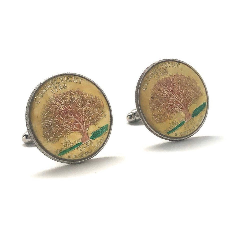 Enamel Cufflinks Hand Painted Connecticut State Quarter Tree Enamel Coin Jewelry Money Yellow Finance Accountant Cuff Image 1