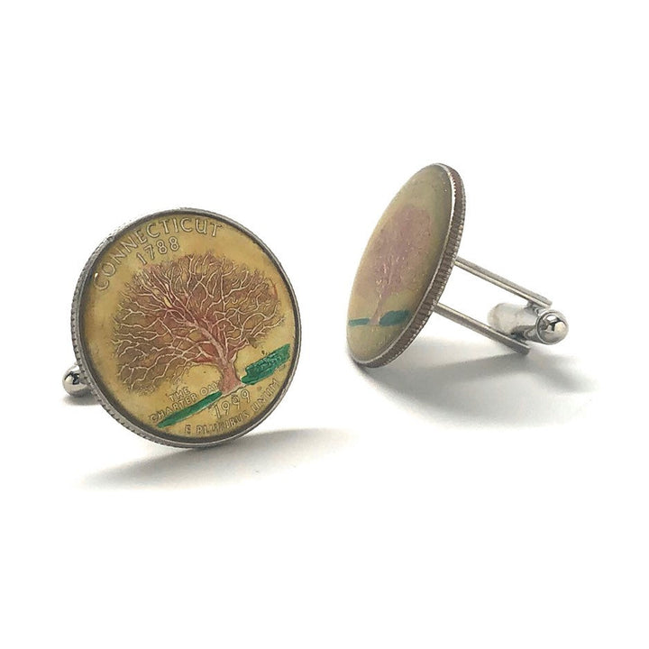 Enamel Cufflinks Hand Painted Connecticut State Quarter Tree Enamel Coin Jewelry Money Yellow Finance Accountant Cuff Image 2