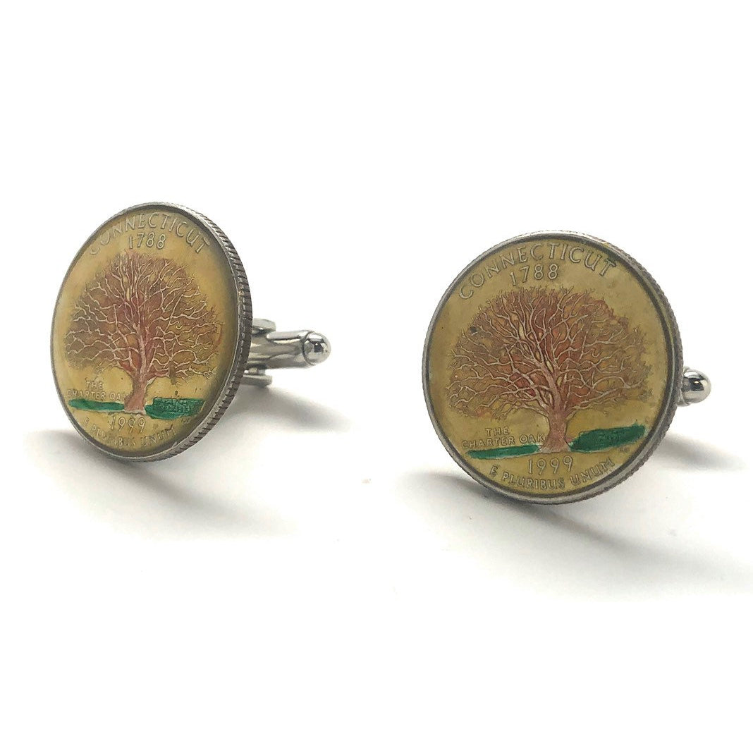Enamel Cufflinks Hand Painted Connecticut State Quarter Tree Enamel Coin Jewelry Money Yellow Finance Accountant Cuff Image 4