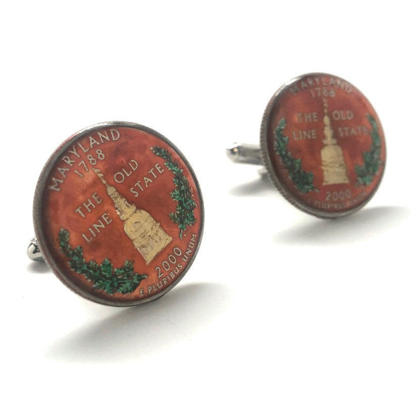 Enamel Cufflinks Hand Painted Maryland State Quarter Enamel Coin Jewelry Money Currency Finance Accountant Cuff Links Image 1