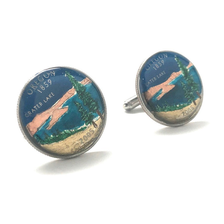 Enamel Cufflinks Hand Painted Oregon Suit Flag State Enamel Coin Jewelry USA United States America Portland Salem Crater Image 1