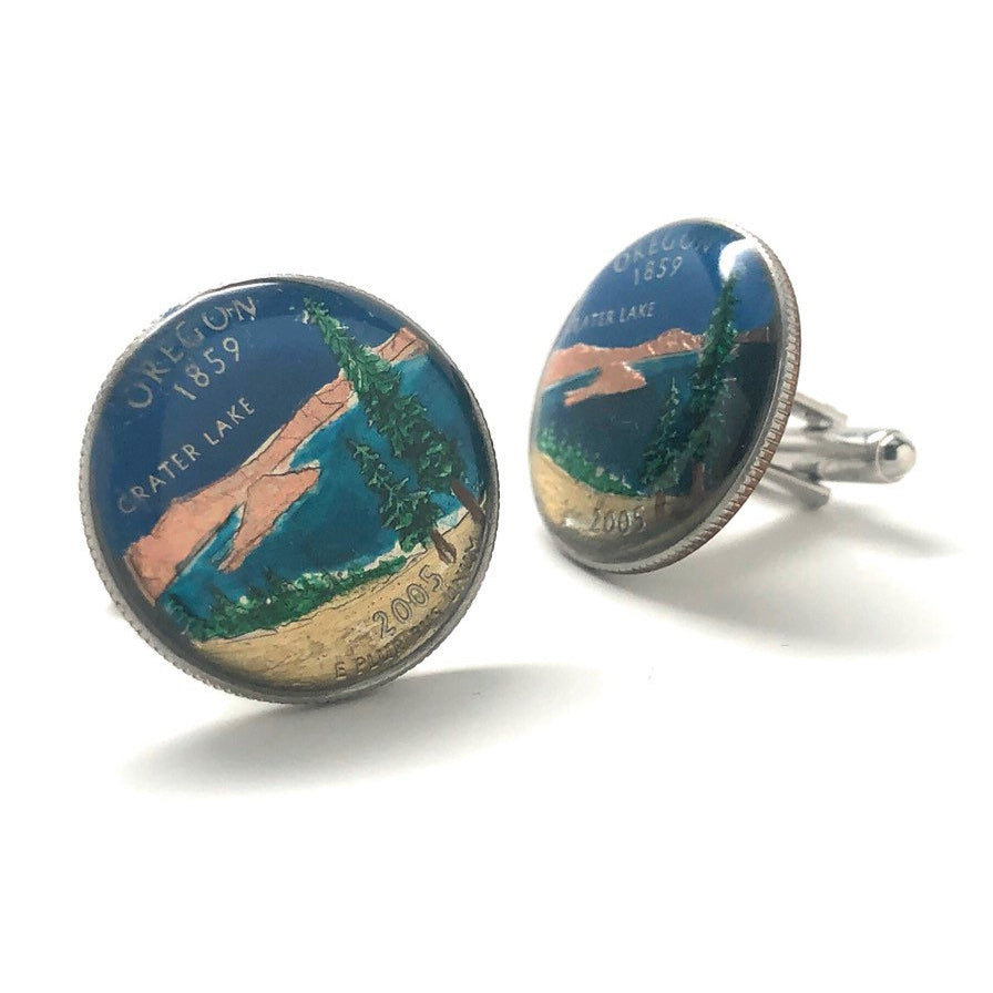 Enamel Cufflinks Hand Painted Oregon Suit Flag State Enamel Coin Jewelry USA United States America Portland Salem Crater Image 2