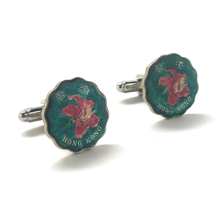 Enamel Cufflinks Hand Painted China Coin Green Flower Hong Kong Nature Asia Enamel Coin Jewelry Cuff Links Keepsake Very Image 1