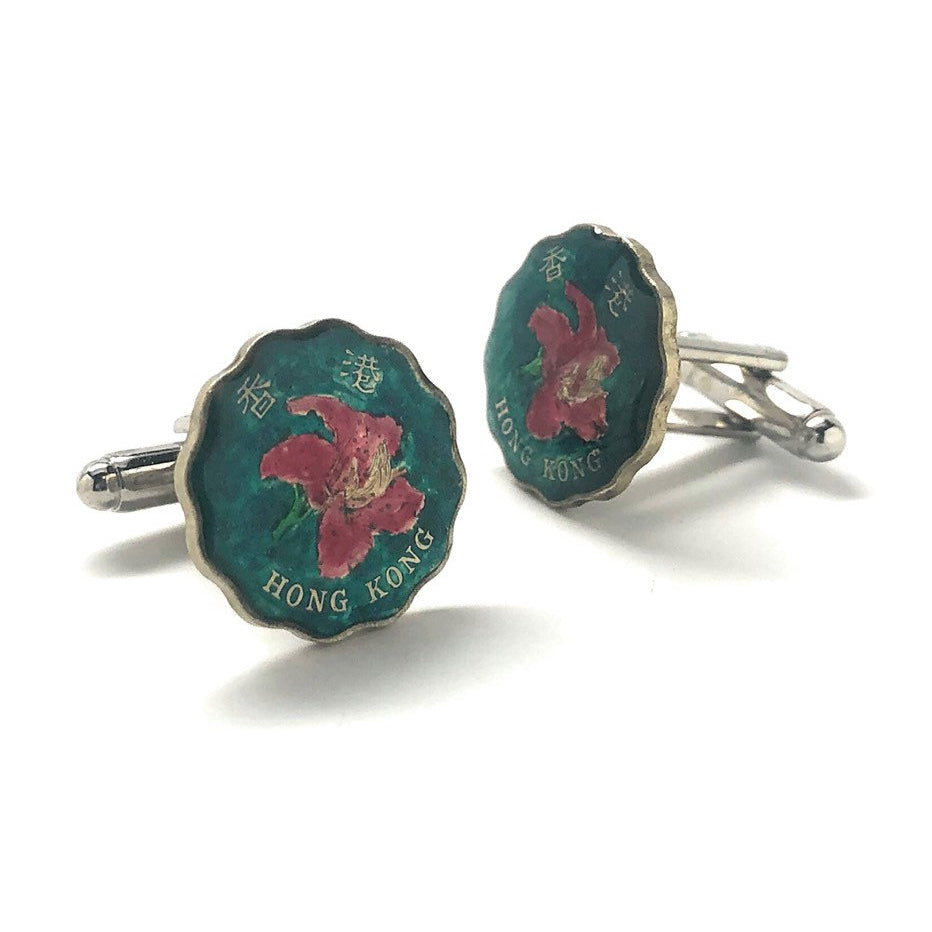 Enamel Cufflinks Hand Painted China Coin Green Flower Hong Kong Nature Asia Enamel Coin Jewelry Cuff Links Keepsake Very Image 2