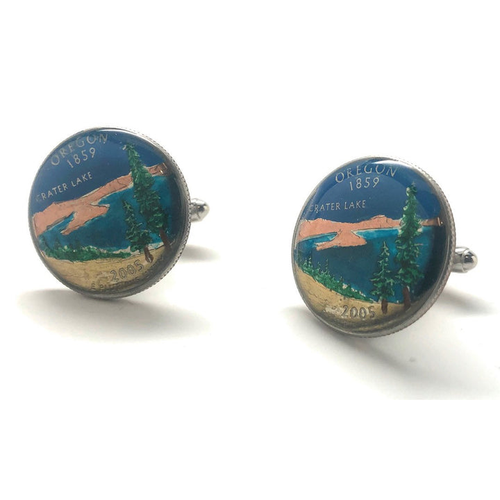 Enamel Cufflinks Hand Painted Oregon Suit Flag State Enamel Coin Jewelry USA United States America Portland Salem Crater Image 4