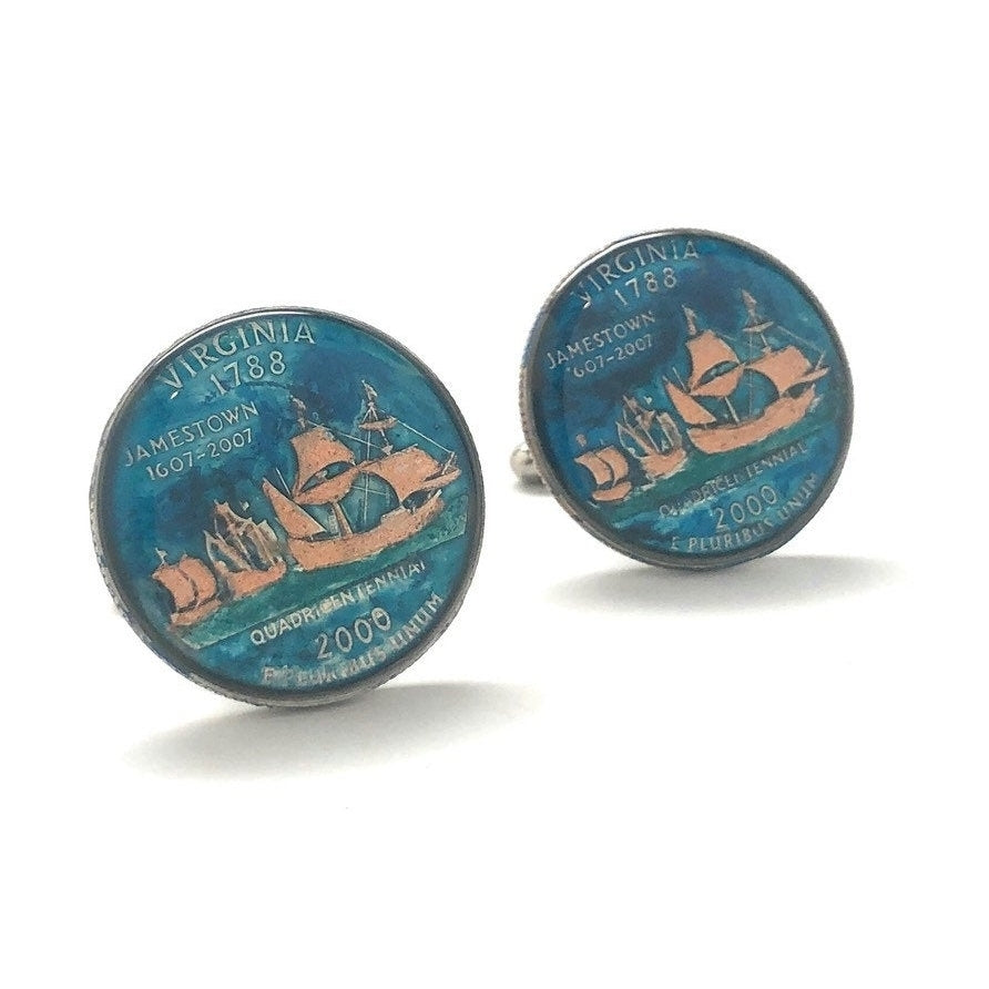 Enamel Cufflinks Hand Painted Virginia State Quarter Enamel Coin Jewelry Money Currency Finance Accountant Cuff Links Image 1