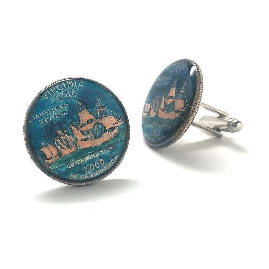 Enamel Cufflinks Hand Painted Virginia State Quarter Enamel Coin Jewelry Money Currency Finance Accountant Cuff Links Image 2