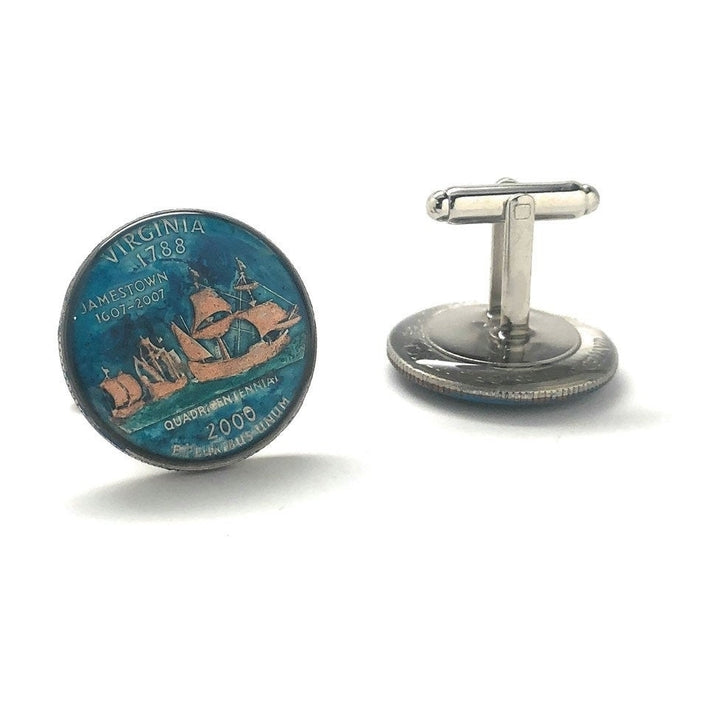 Enamel Cufflinks Hand Painted Virginia State Quarter Enamel Coin Jewelry Money Currency Finance Accountant Cuff Links Image 3