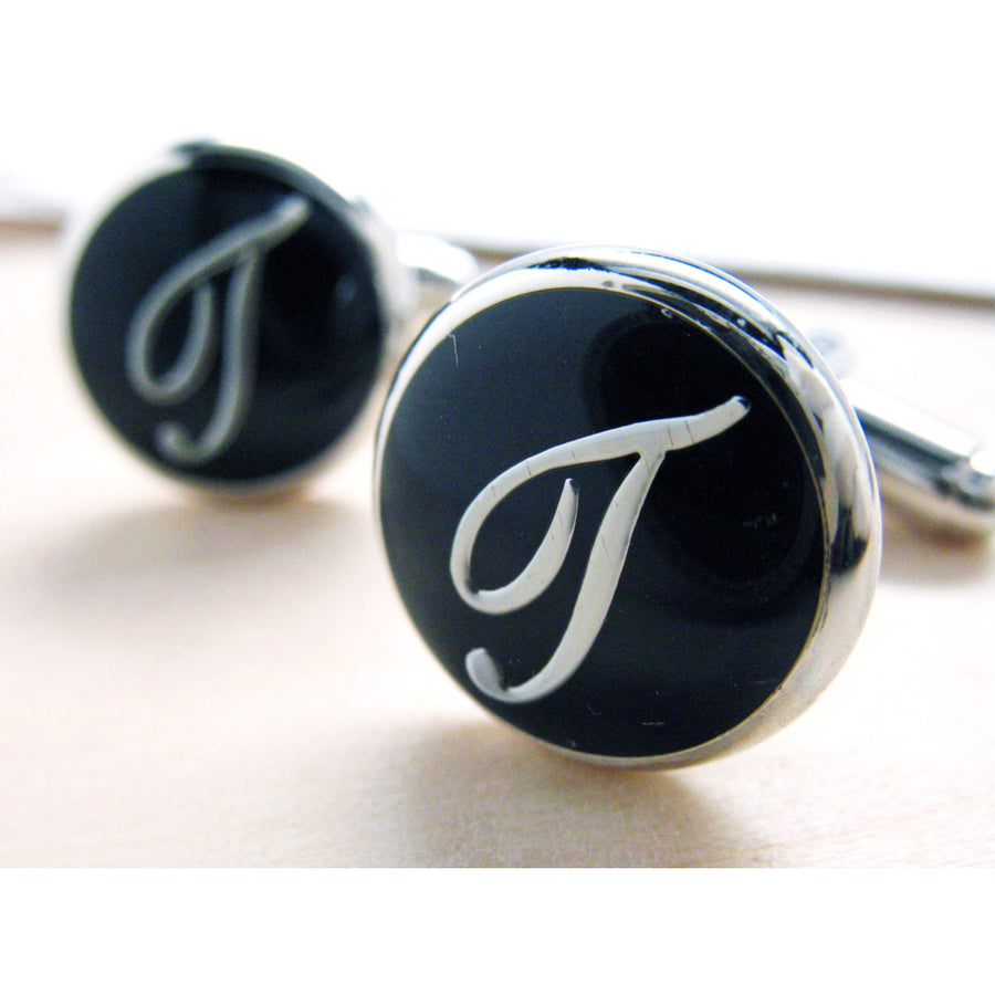 T Initials Cufflinks Silver Toned Round Black Enamel Script Letters Classic Wedding Cuff Links Groom Father Bride  Box Image 1