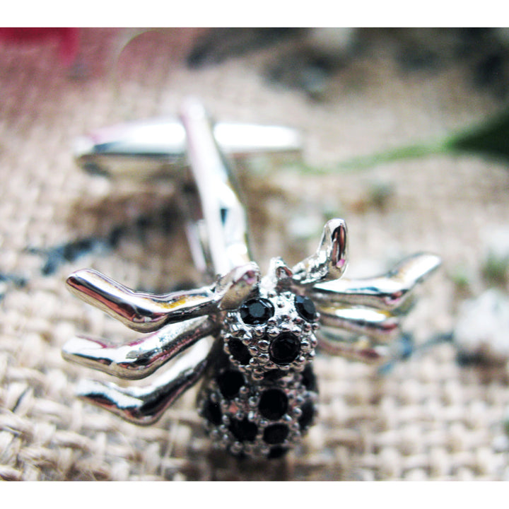 Black Widow Cufflinks Silver Toned Black Crystal Spider Bug Animal Insect Cuff Links Image 4