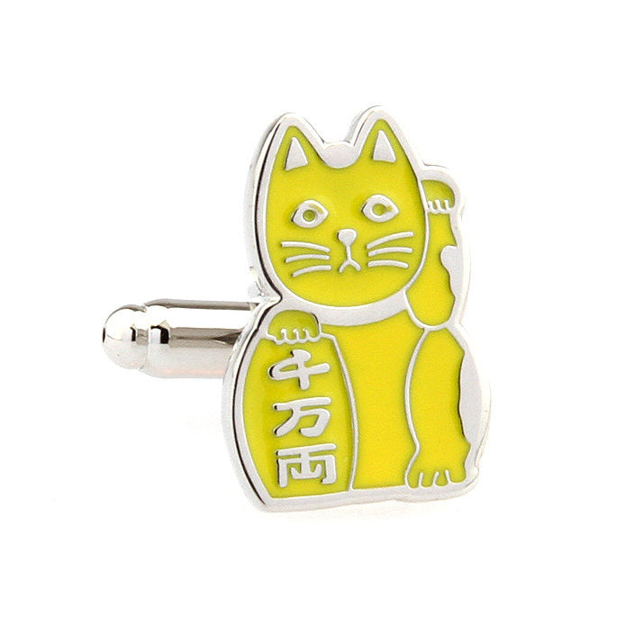 Yellow Maneki-neko Japanese Lucky Cat Bring Pure Good Luck to Owner Cufflinks Image 1