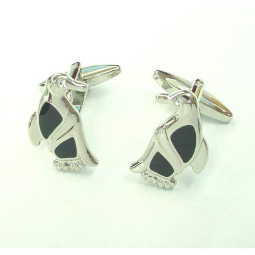 Penguin Cufflinks Brushed Silver Tone Black Enamel with Crystal Cuff Links Image 3
