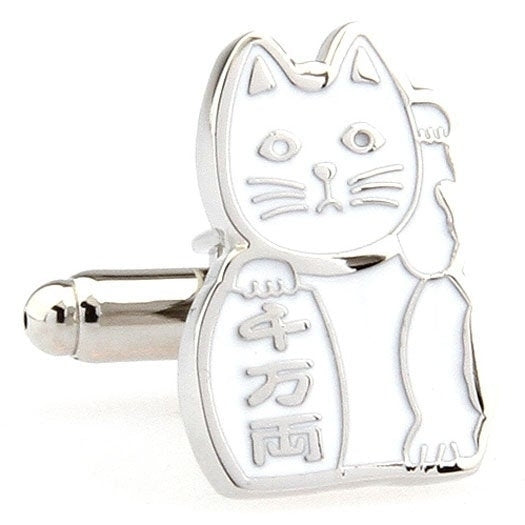 White Maneki-neko Japanese Lucky Cat Bring Pure Good Luck to Owner Cufflinks Image 1