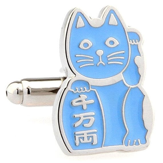Blue Japanese Cat Cufflinks Lucky Cat Intelligence to Owner Cuff Links Cuffs Image 1