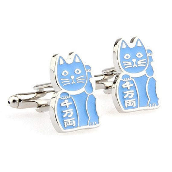 Blue Japanese Cat Cufflinks Lucky Cat Intelligence to Owner Cuff Links Cuffs Image 2