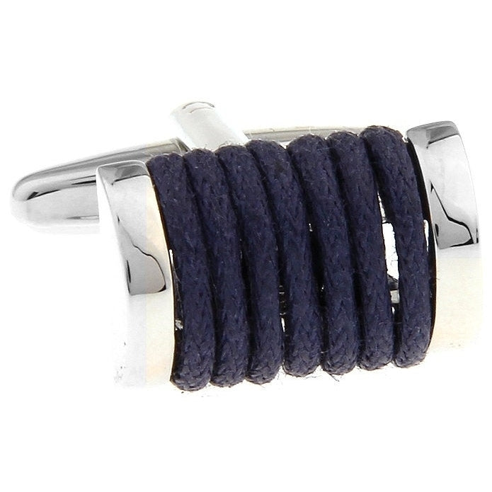 Shining Navy Blue and Silver Wrapped Rope Barrel Cuff Links Cufflinks Image 1