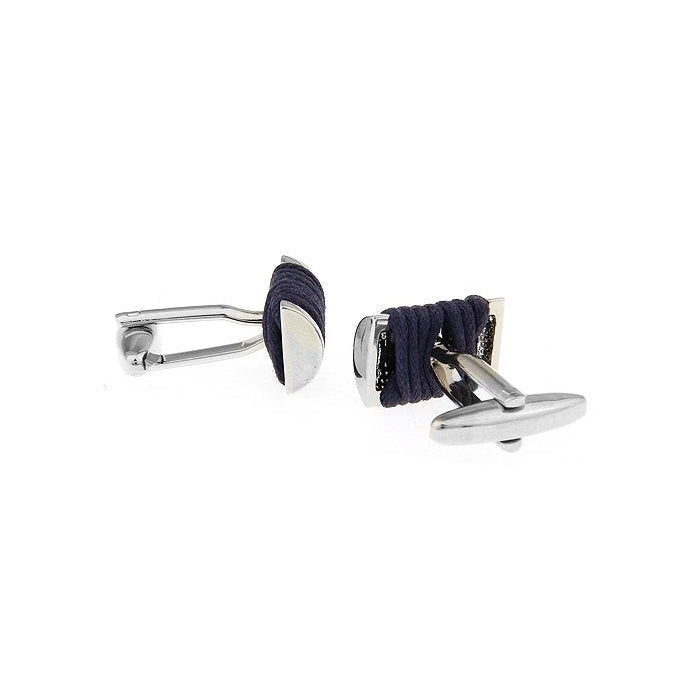 Shining Navy Blue and Silver Wrapped Rope Barrel Cuff Links Cufflinks Image 2